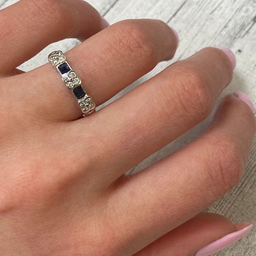 Rachel Koen Diamond and Blue Sapphire Band 14K White Gold Size 6.25